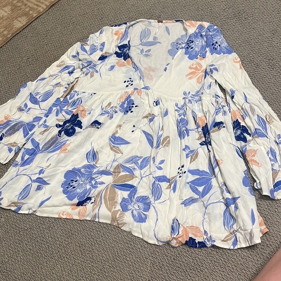 Free People Bella Floral Print Tunic Ivory Blue Combo S - Picture 5 of 9